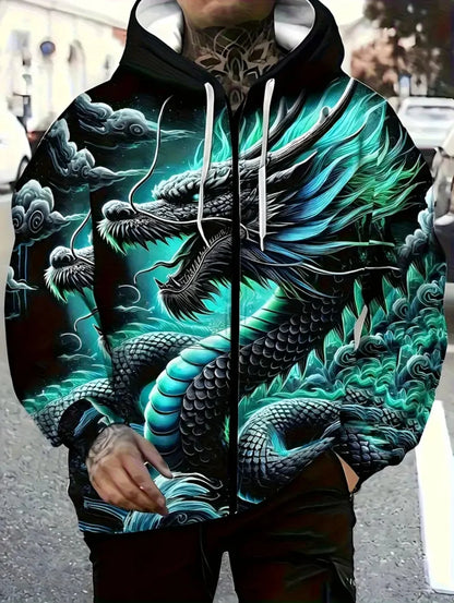 Herren-Kapuzenhoodie mit Drachenprint und Reißverschluss, für Outdoor-Aktivitäten und Reisen, mit Kordelzug, langärmelig, Herbst/Winter, Oversize-Sweatshirt für Männer
