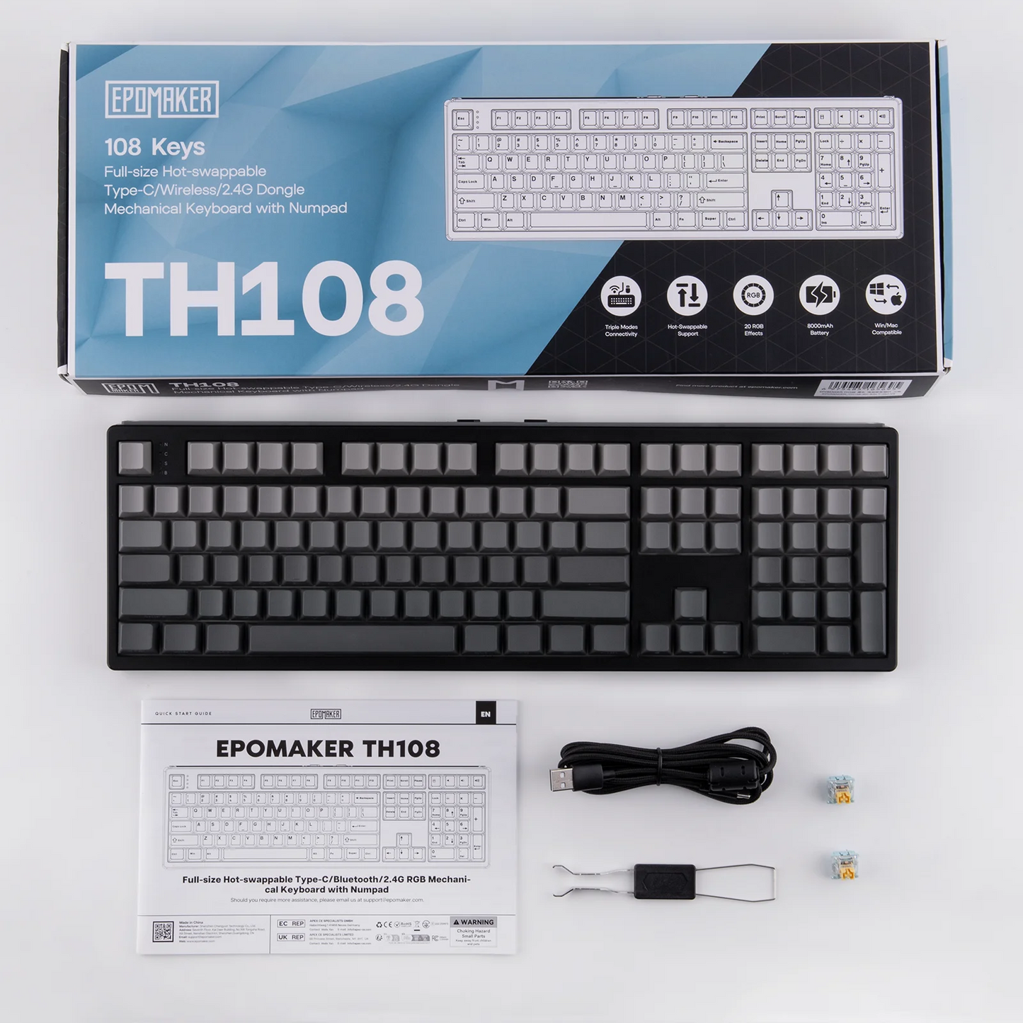 EPOMAKER TH108 100% Full Size Hot-Swap Gasket-Mounted Wired/Bluetooth/2.4Ghz Wireless Mechanical Keyboard with 10000mAh Battery