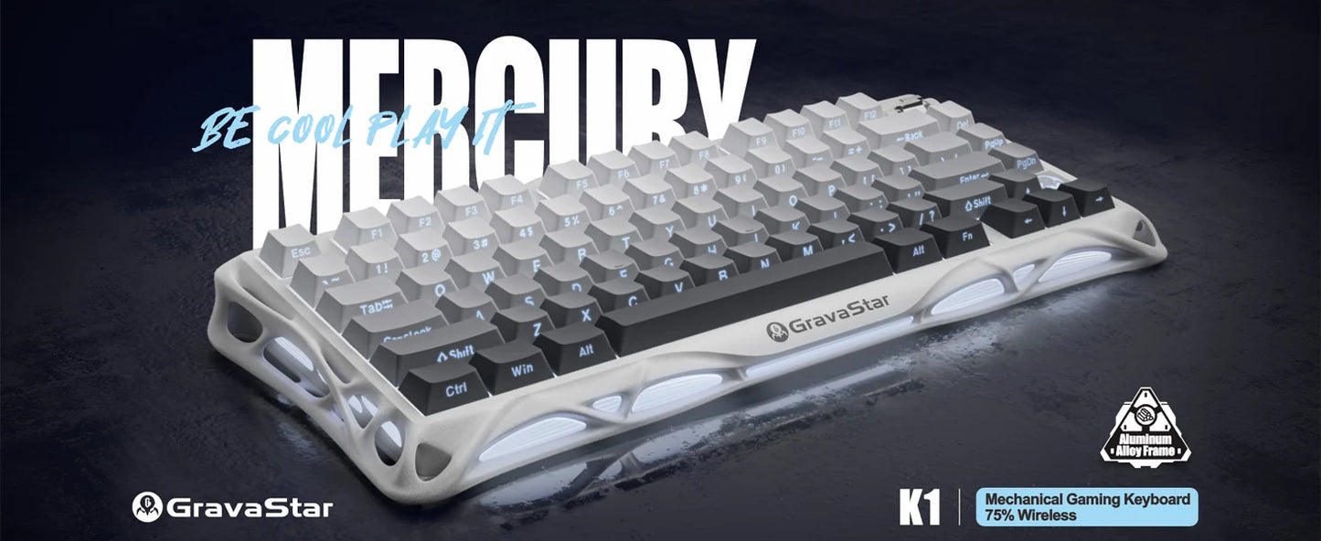 GravaStar Mercury K1 75% Wireless Mechanical Gaming Keyboard, Aluminum Alloy Exoskeleton Design, RGB Backlit，Hot-Swap Socket