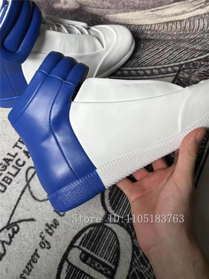 Men Mixed Color Real Leather Ankle Boots Fashion Design Lace Up High Top Sport Shoes Male Casual Flat Sneakers