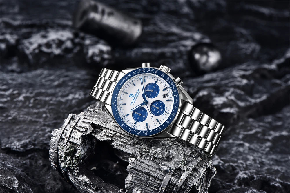 Vyriškas laikrodis „PAGANI DESIGN“ „New Moon“ – prabangus kvarcinis laikrodis su chronografu, safyro stiklu su antirefleksine danga, keraminiu rėmeliu ir šviečiančiomis rodyklėmis