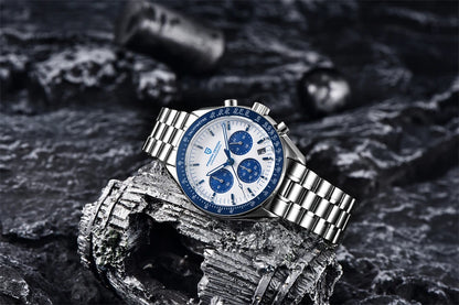 Vyriškas laikrodis „PAGANI DESIGN“ „New Moon“ – prabangus kvarcinis laikrodis su chronografu, safyro stiklu su antirefleksine danga, keraminiu rėmeliu ir šviečiančiomis rodyklėmis