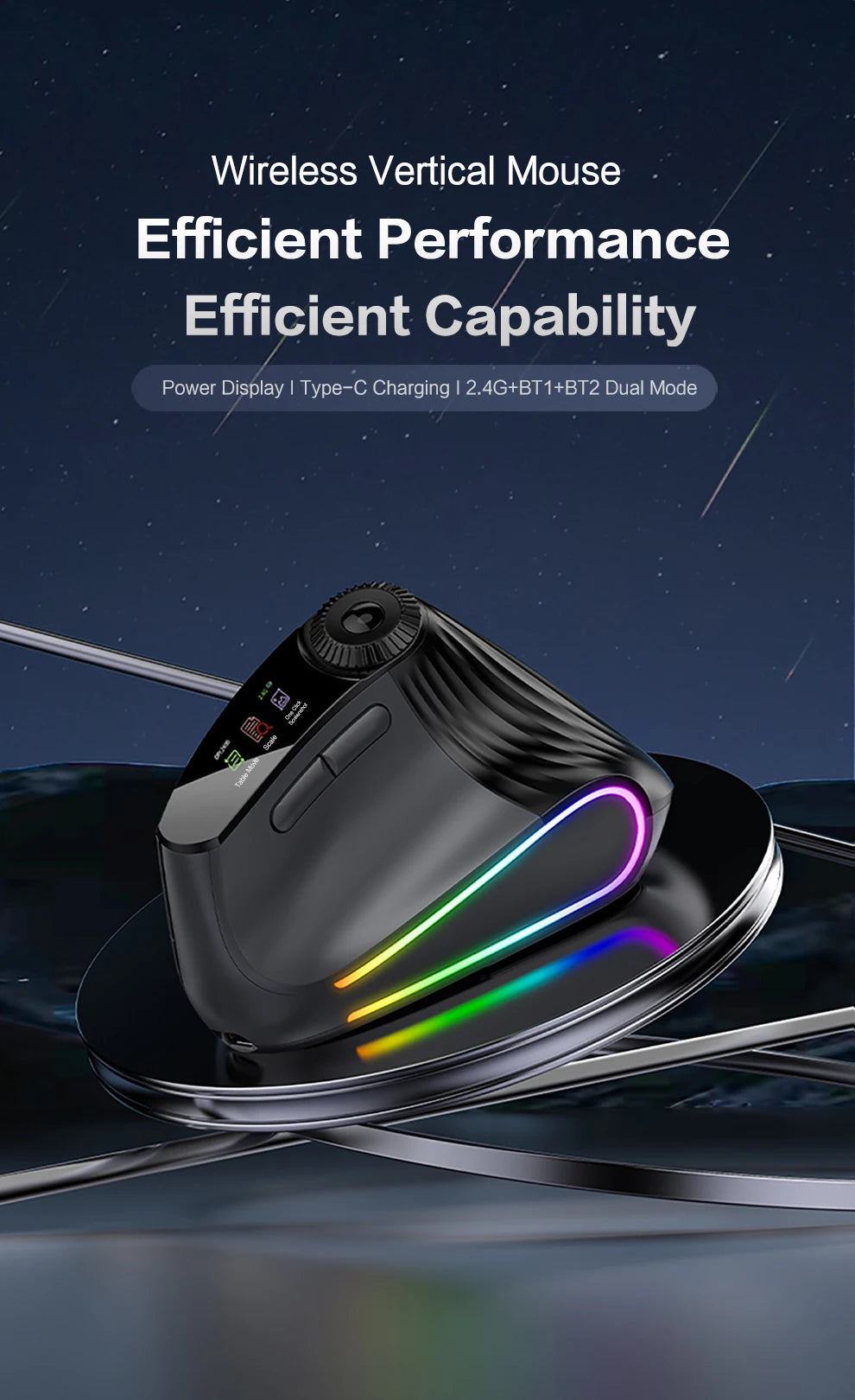 Jomaa RGB Φωτιζόμενο Ασύρματο Κάθετο Ποντίκι Speed Roller με Ρυθμιστικό Κουμπί Λειτουργιών, Bluetooth USB, Εργονομικό Ποντίκι με Αθόρυβο Κλικ