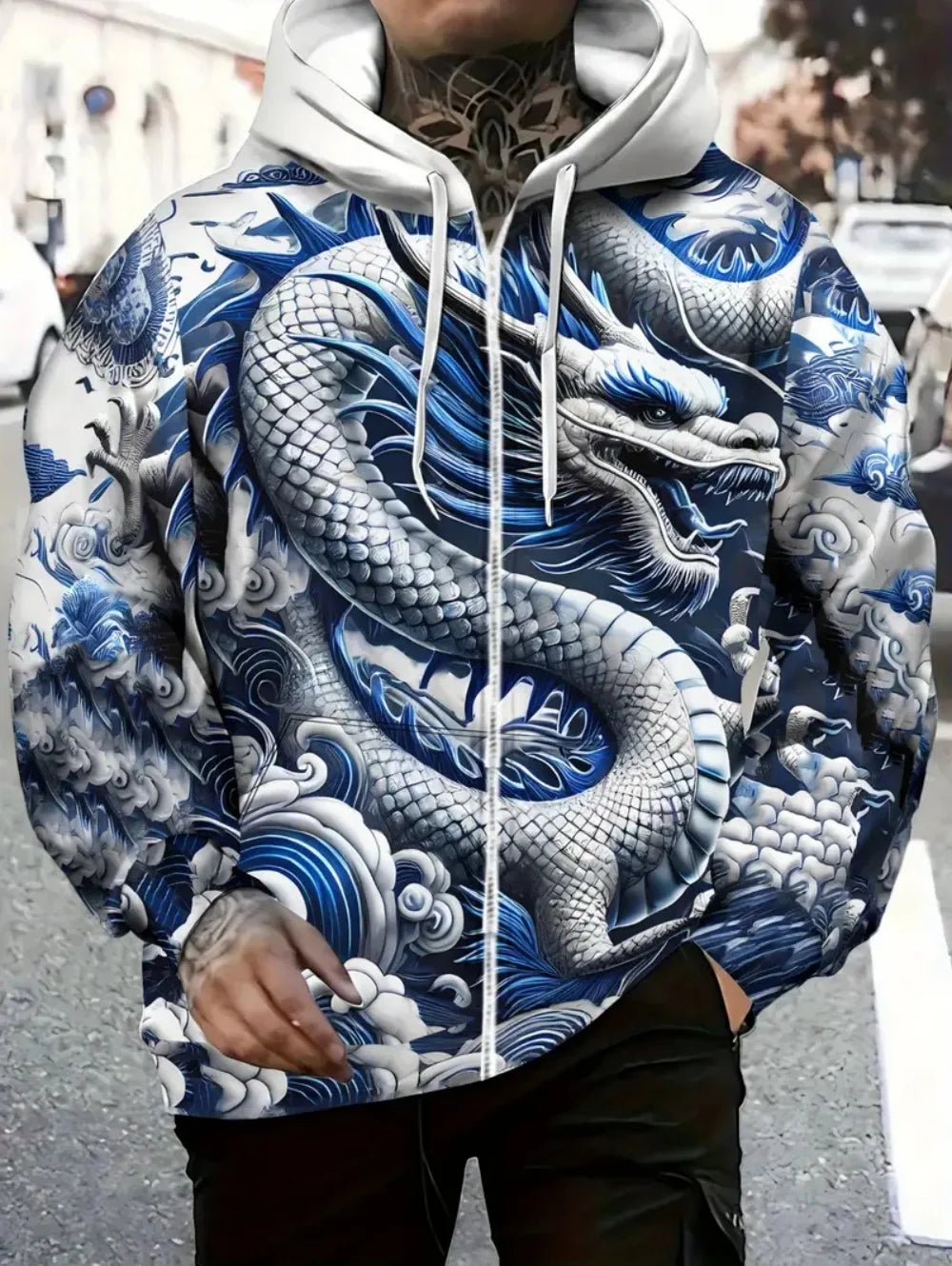 Herren-Kapuzenhoodie mit Drachenprint und Reißverschluss, für Outdoor-Aktivitäten und Reisen, mit Kordelzug, langärmelig, Herbst/Winter, Oversize-Sweatshirt für Männer