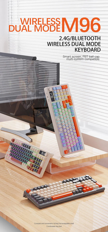M96 Bluetooth Wireless Keyboard FREEWOLF Digital Display,RGB Backlight,2000mAh Battery & PBT Keycaps for PC/Laptop