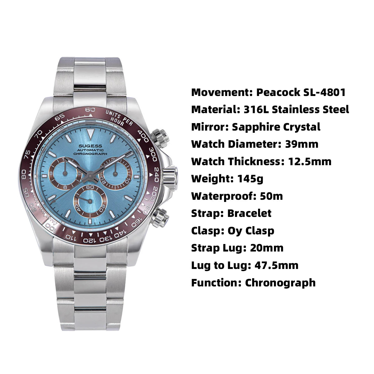 Sugess Diving Men's Watch Panda Automatic Mechanical Chronograph Peacock SL4801 Movement Wristwatch Waterproof Ceramic Bezel New