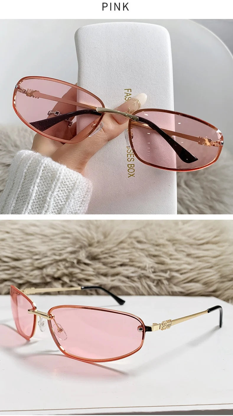 Gradient Oval Frameless Women's Sunglasses High Quality Luxury Brand Y2k Rimless Glasses Women High-end Punk Popular Shades UV