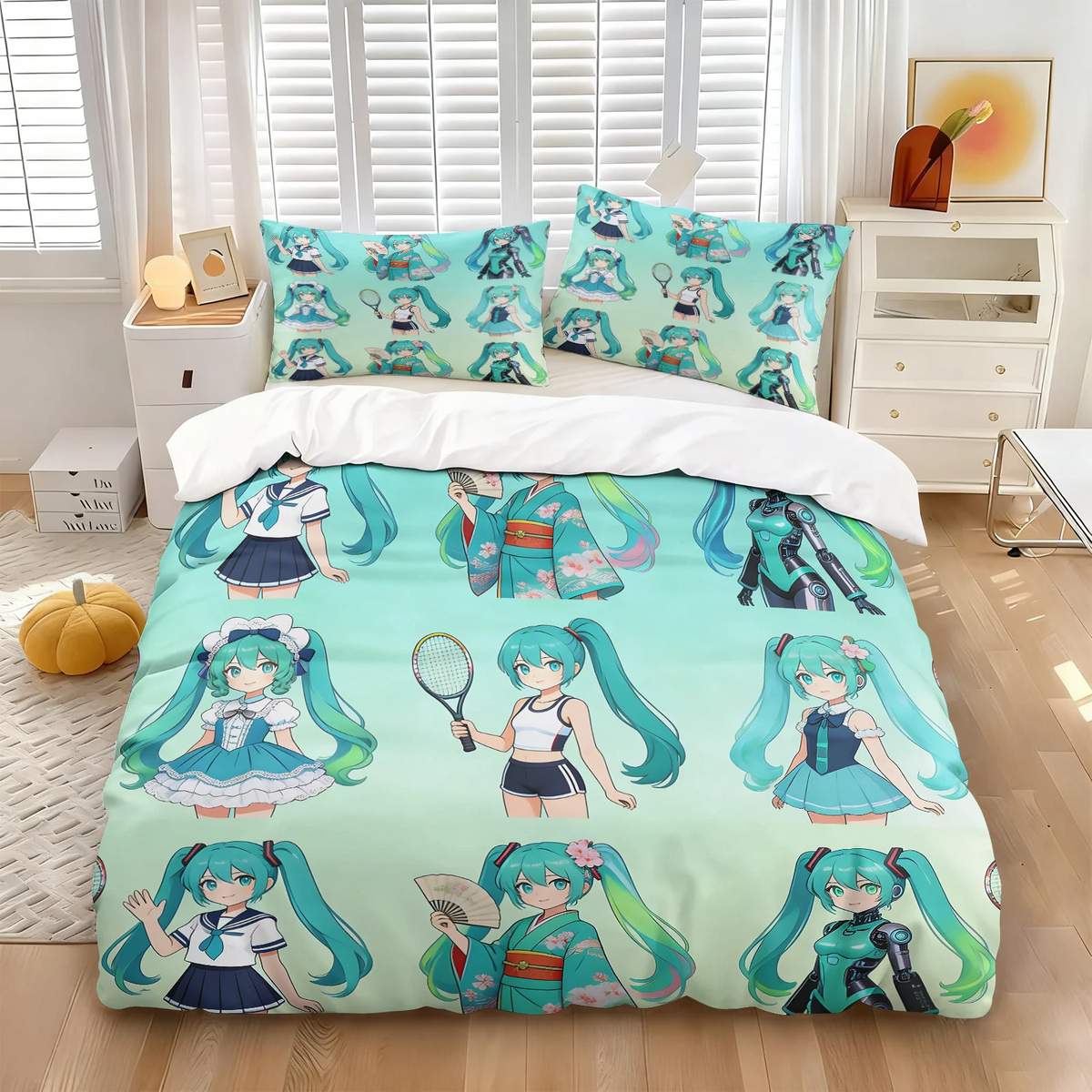 Komplet posteljnine Hatsune Miku v slogu chibi – simpatična anime posteljnina z vzglavniki za igralno sobo, dekoracija za otroško in najstniško spalnico, darilo za oboževalce