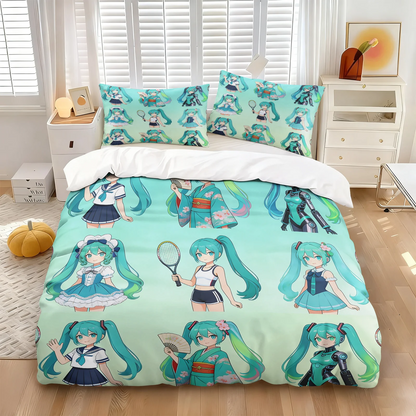 Komplet posteljnine Hatsune Miku v slogu chibi – simpatična anime posteljnina z vzglavniki za igralno sobo, dekoracija za otroško in najstniško spalnico, darilo za oboževalce