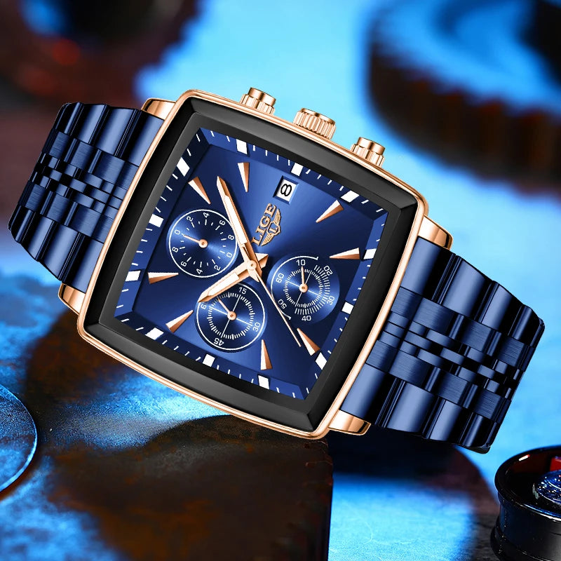 Relojes de lujo para hombre LIGE, modelo cuadrado, estilo clásico y moderno, de acero inoxidable, resistentes al agua, deportivos y desenfadados, con mecanismo de cuarzo.