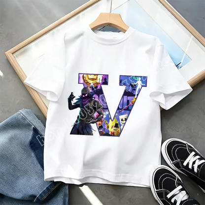 Тениска Fortnite A-Z Alphabet Print за деца, лятна бяла дреха, популярна тениска с анимационна игра, модерен ежедневен топ с къс ръкав, подарък