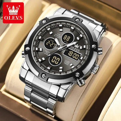 Relógio de homem OLEVS – Relógio de pulso de quartzo, estanque, em aço inoxidável, com ecrã LED – Estilo desportivo e moderno (modelo 1106)