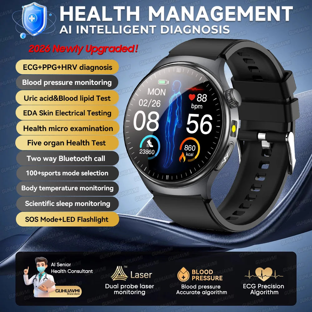2026New AI-Diagnosis Care Smartwatch ECG+PPG Accurate Uric Acid Blood Pressure Body Fat Five organ Fitness Waterproof Smartwatch