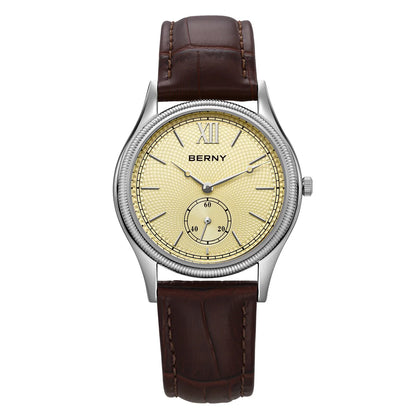 BERNY Men's Watches Luxury Classic Stylish Dress Quartz Watch Slim Stainless Steel Case Elegance Leather Strap Wristwatch