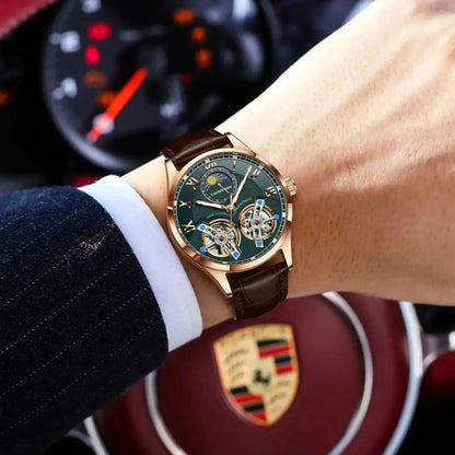 CAREKISO Fashion Men's Clock Double Hollow Tourbillon Automatic Mechanical Man Watch Waterproof Luminous Leather Men's Watches+Box