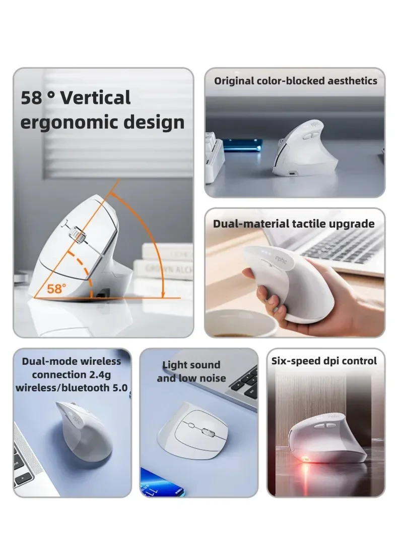 Inphic X9 PRO függőleges vezeték nélküli egér Type-C gyorstöltéssel, ergonomikus, halk irodai egér laptophoz, PC-hez, számítógéphez és gaminghez