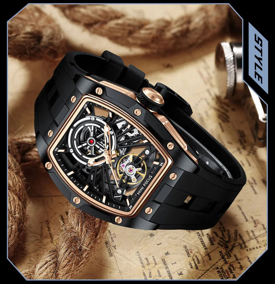 MINI FOCUS Herren-Armbanduhr, modisch, schwarz, wasserdicht, automatische mechanische Uhr mit Leuchtzeigern, Silikonarmband und Tonneau-Zifferblatt