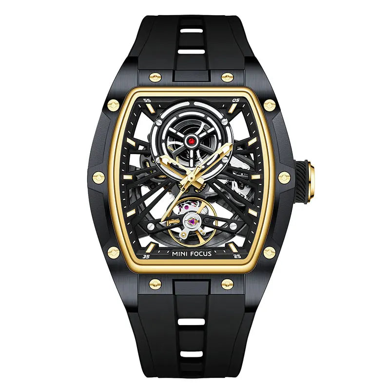 MINI FOCUS Herren-Armbanduhr, modisch, schwarz, wasserdicht, automatische mechanische Uhr mit Leuchtzeigern, Silikonarmband und Tonneau-Zifferblatt
