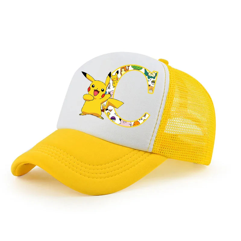 Pokemon Print Letter A-Z Pikachu Baseball Cap Girls Hip Hop Yellow Hat Summer Sunhat Outdoor Sport Shade Caps Gifts