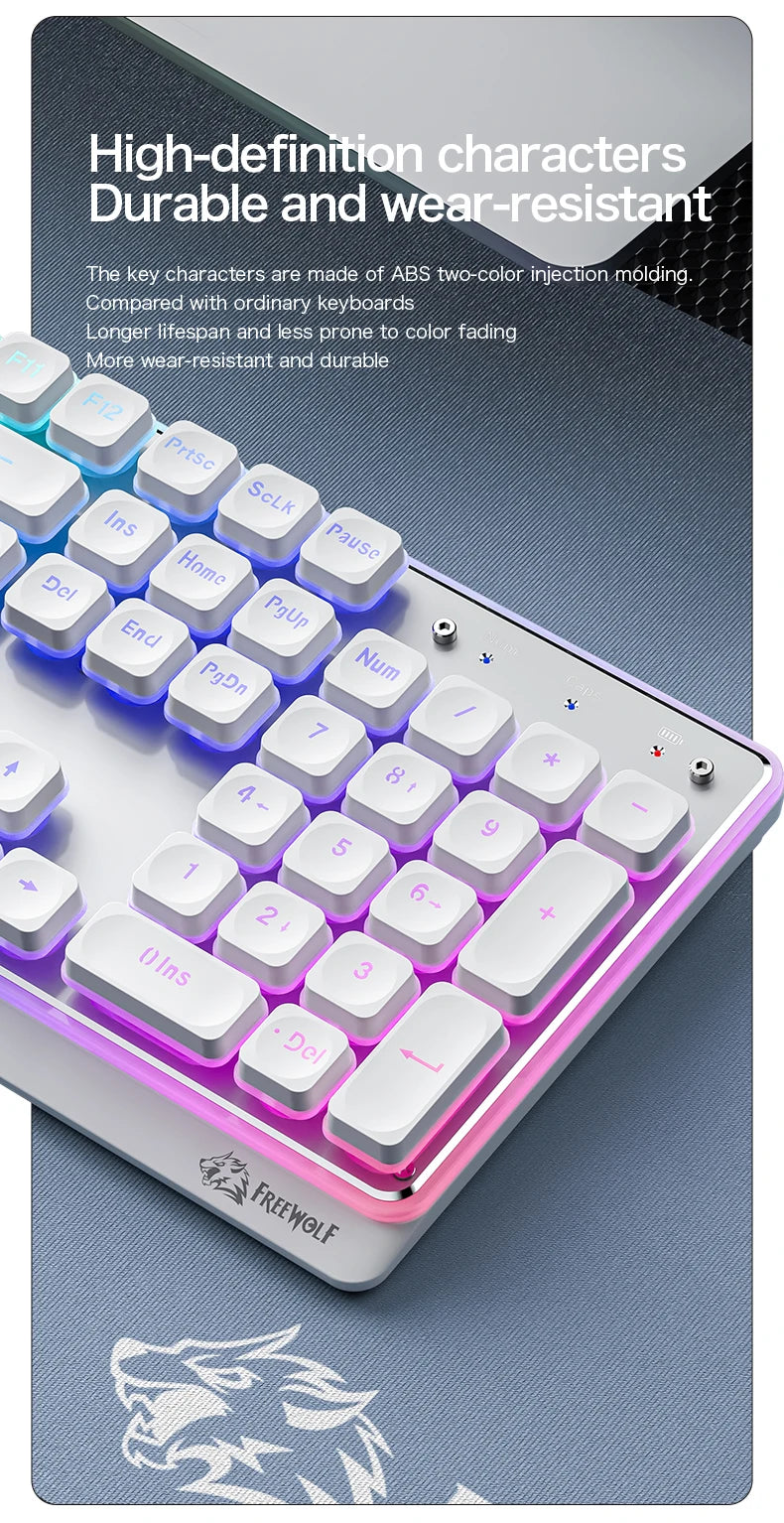 Freewolf M104 Tri-Mode Wireless Keyboard RGB 104 Keys Ultra Slim Quiet Membrane 4000mAh Large Battery for Office&Home