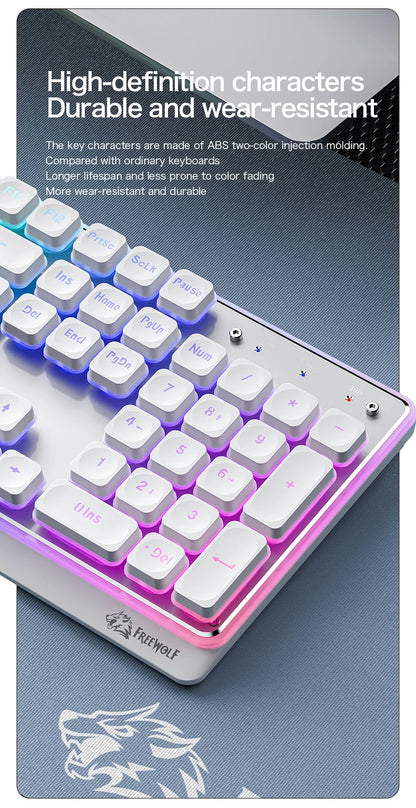 Freewolf M104 Tri-Mode Wireless Keyboard RGB 104 Keys Ultra Slim Quiet Membrane 4000mAh Large Battery for Office&Home