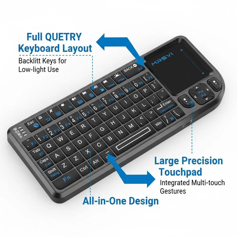 Teclado Bluetooth Mini MRSVI A8 PLUS, teclado inalámbrico retroiluminado de 2.4GHz con panel táctil para Android TV Box, Mac, portátil y Windows