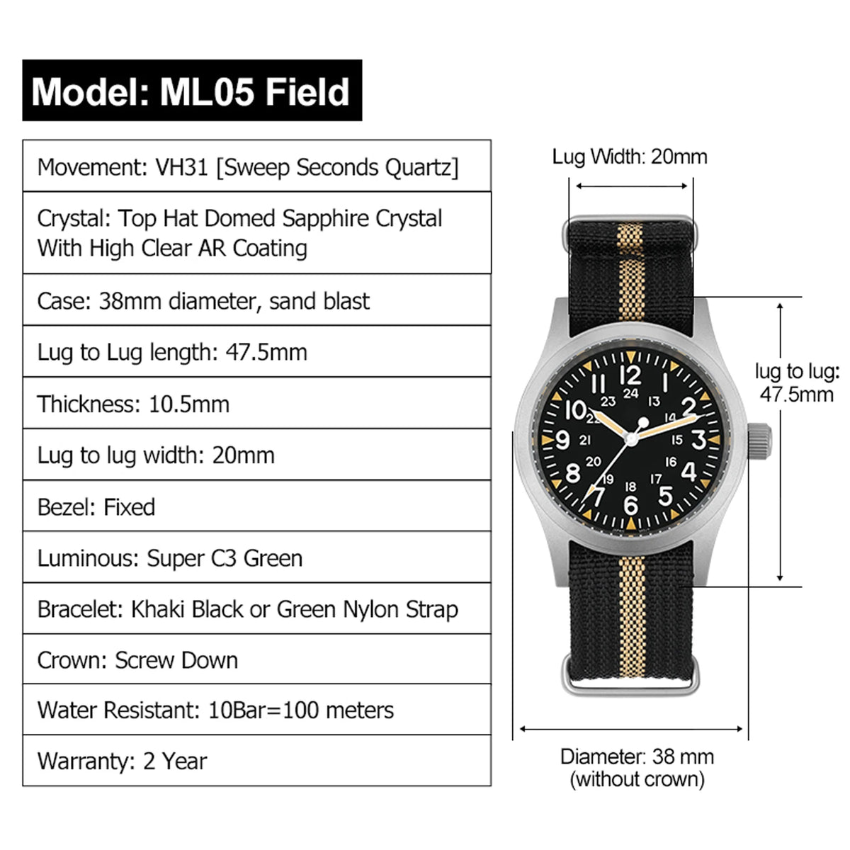 Militado ML05 38mm Vintage Watch VH31 Quartz Movement Field Watches Domed Sapphire Crystal With High Clear AR Coating Wristwatch