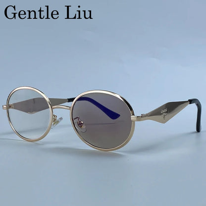 Metal Frame Round Punk Photochromic Sunglasses Women 2026 Luxury Brand Designer Steampunk Oval Sun Glasses Outdoor Eyewear Shade