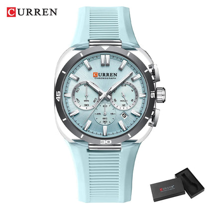 Montre pour homme CURREN – Nouveau modèle de luxe à quartz, bracelet en silicone, style sportif, multifonction, étanche, lumineuse, avec affichage de la date et chronomètre.