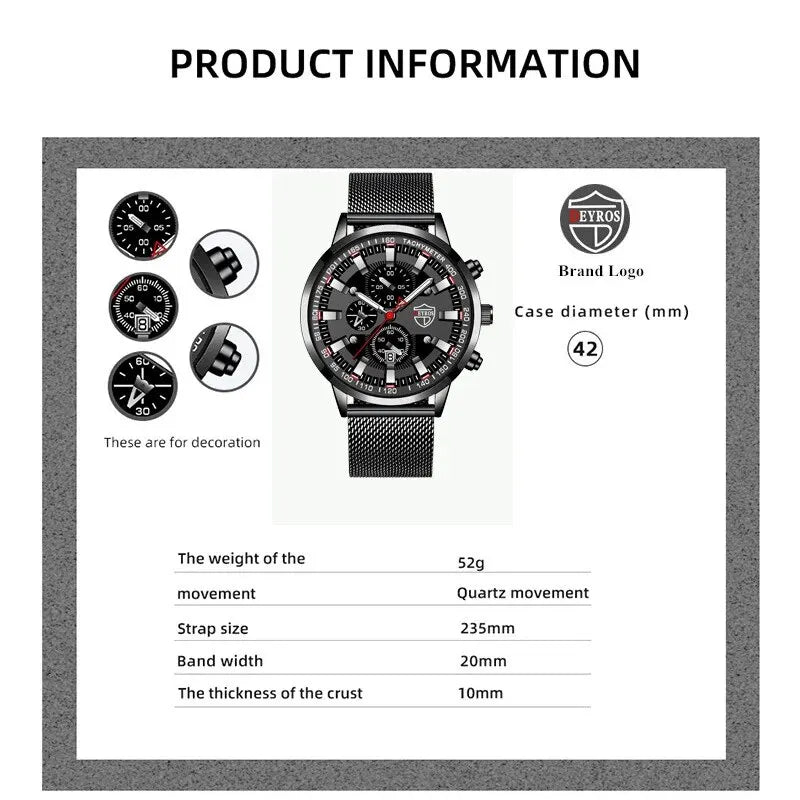 DEYROS Luxury Mens Business Quartz Wristwatch Calendar Fashion Men Casual Sports Watch for Men Gift