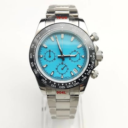 20 Color Business 39mm Quartz Watch Men's Timing Sapphire Crystal VK63 Movement Calendar Luminous Blue Dial Stainless Steel Strap