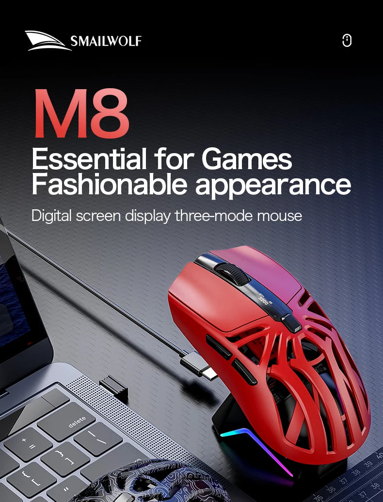 SMAILWOLF M8 Wireless Bluetooth Tri-Mode Mouse Lightweight PAW3311 Gaming RGB Magnetic Charging 12000dpi Gaming Mouse