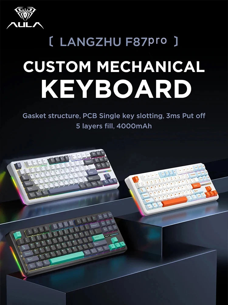 Teclado mecánico AULA F87 Pro 2.4g/USB/Bluetooth inalámbrico trimodo de 87 teclas, RGB, PBT, gasket, 5 capas de amortiguación, teclas completas sin impacto