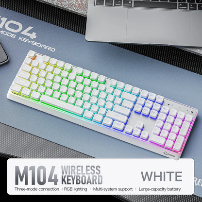 Freewolf M104 Tri-Mode Wireless Keyboard RGB 104 Keys Ultra Slim Quiet Membrane 4000mAh Large Battery for Office&Home