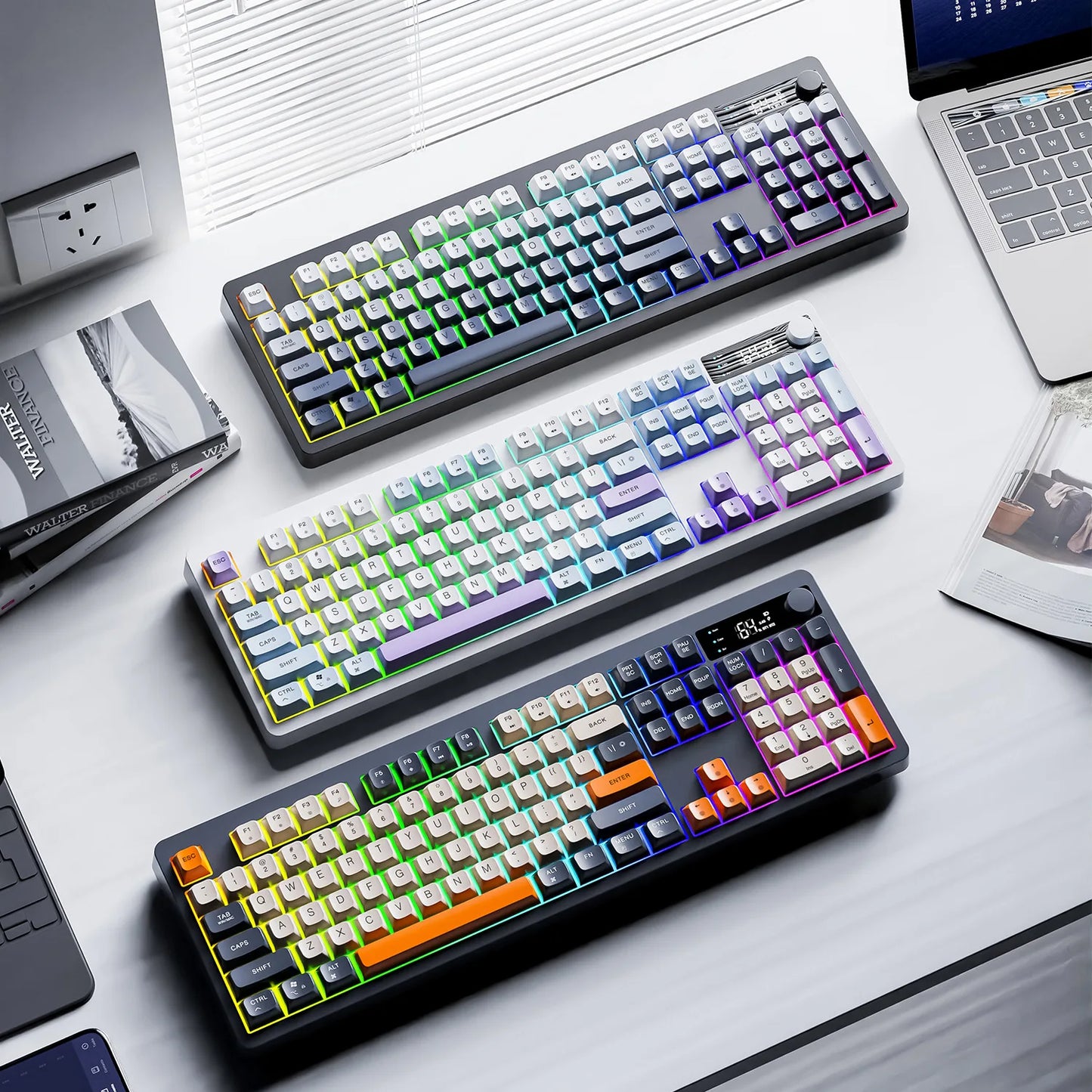 Spanish Wireless Keyboard Russian Spanish Arabic Korean 100% Keyboard Layout With Volume Knob TK100 RGB Light Type C Bluetooth