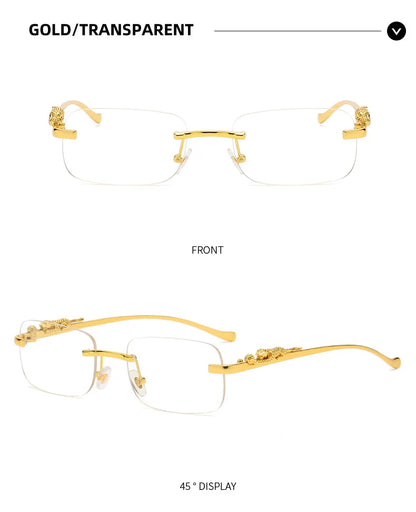 New Rimless Rectangle Vintage Metal Leopard Head Sunglasses Fashion Frameless Tinted Glasses Shades for Women Men