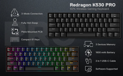 Redragon K530 Pro Draconic 61 Keys 60% Wireless RGB 100% Hot-Swap Socket Mechanical Keyboard Bluetooth/2.4Ghz/Wired 3-Mode