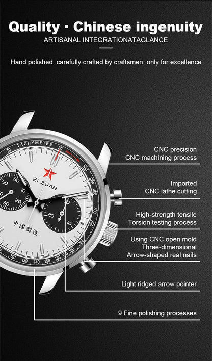 Red Star Panda Mens 1963 Chronograph Mechanical Wristwatch Seagull st1901 Movement Gooseneck 40mm Luminous Sapphire Pilot Watch