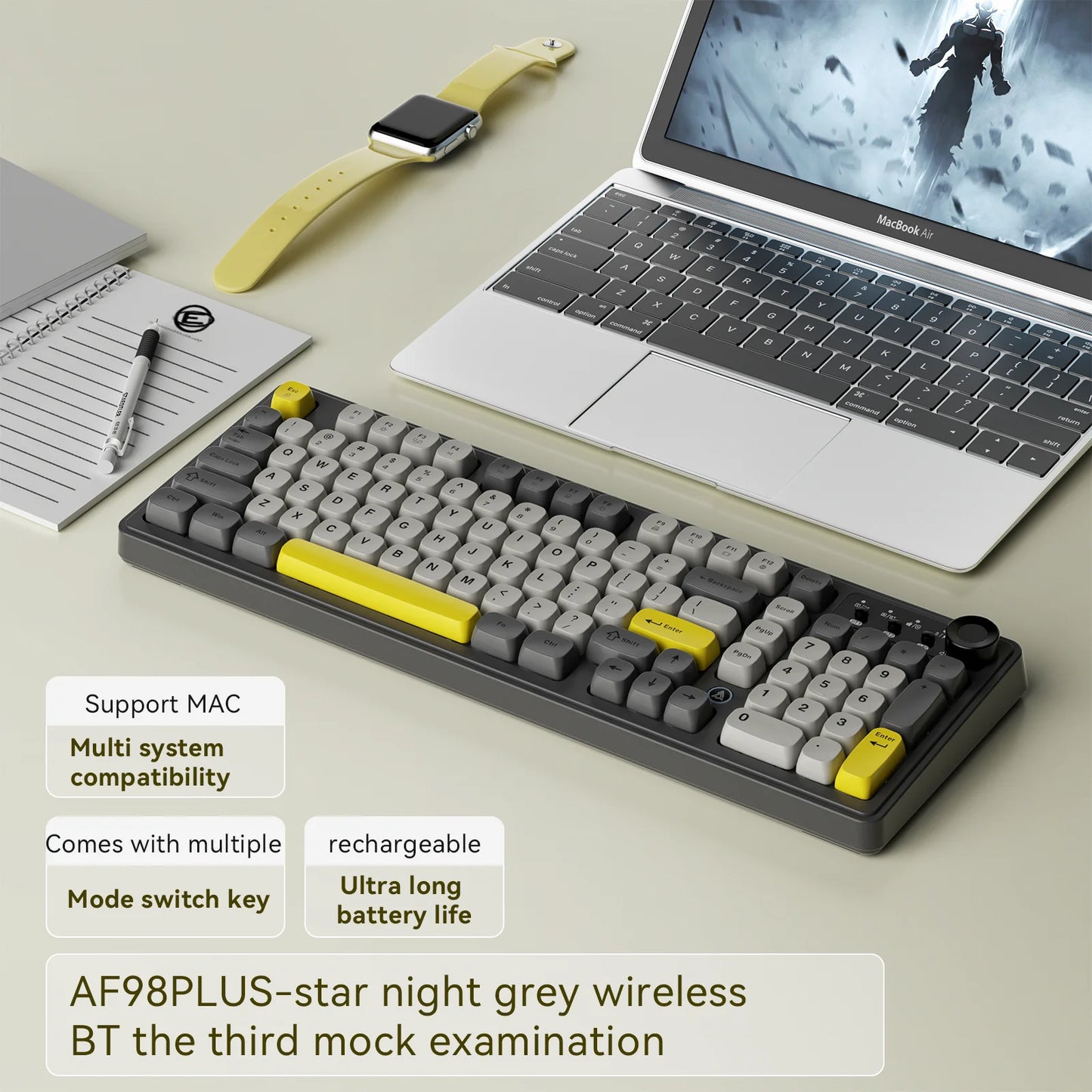 AJAZZ AF98 kabelgebundene/kabellose Tastatur mit mechanischem Tippgefühl, für das Büro, lange Akkulaufzeit, drei Modi, RGB-Mischbeleuchtung, ABS-Tastenkappen, ergonomisch