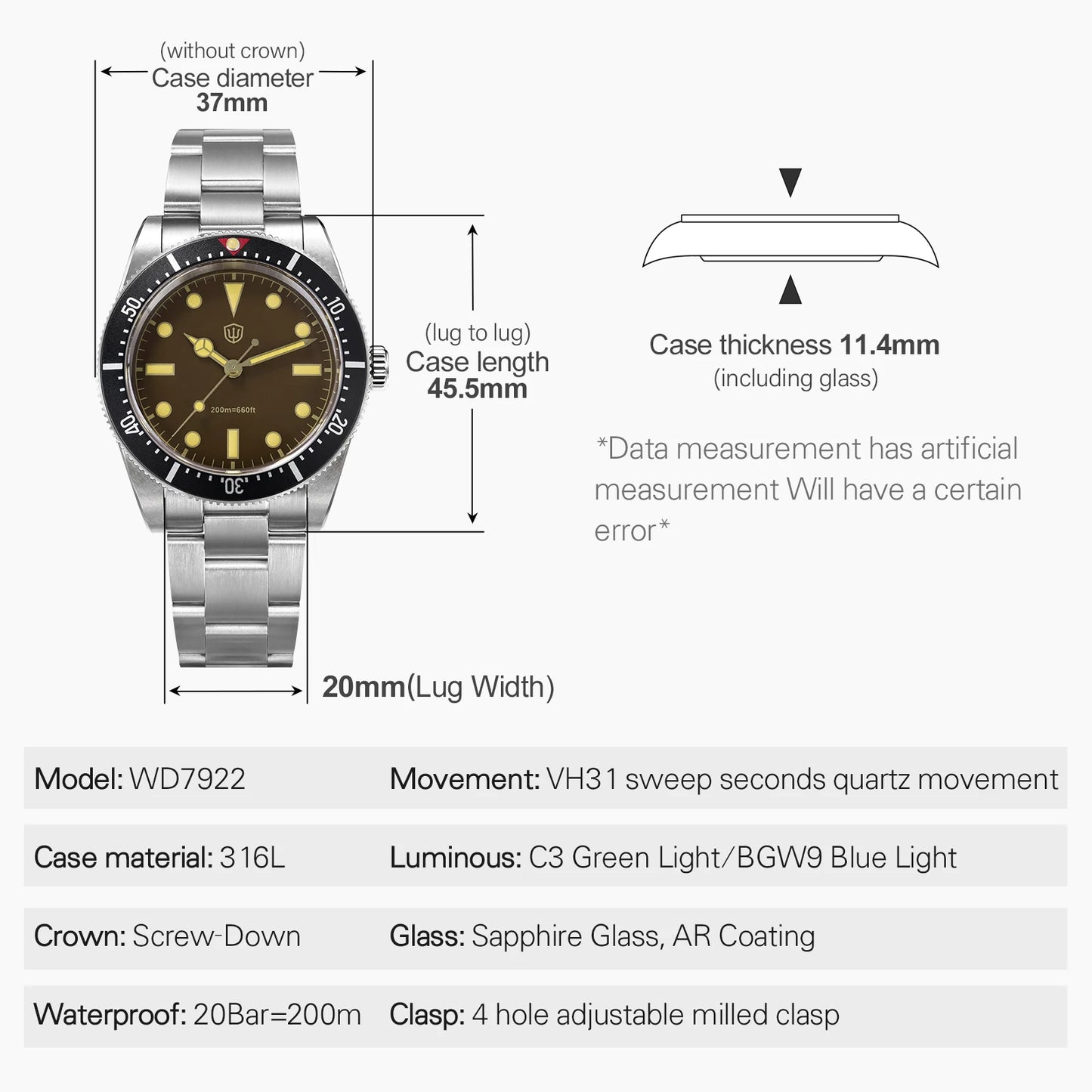Watchdives WD7922 BB54 Watch VH31 Sweep Second Movement Sapphire Crystal 20bar Waterproof C3 Luminous 37mm Vintage Watches