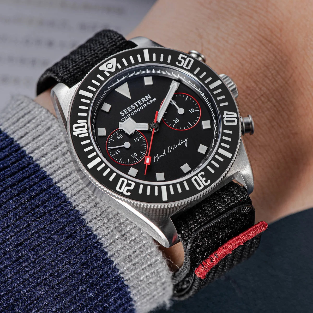 SEESTERN Chronograph Man's Watch Mechanical Tianjin ST1901 Movement Sapphire Wristwatches Nylon Sticker Strap Luminous Skeleton