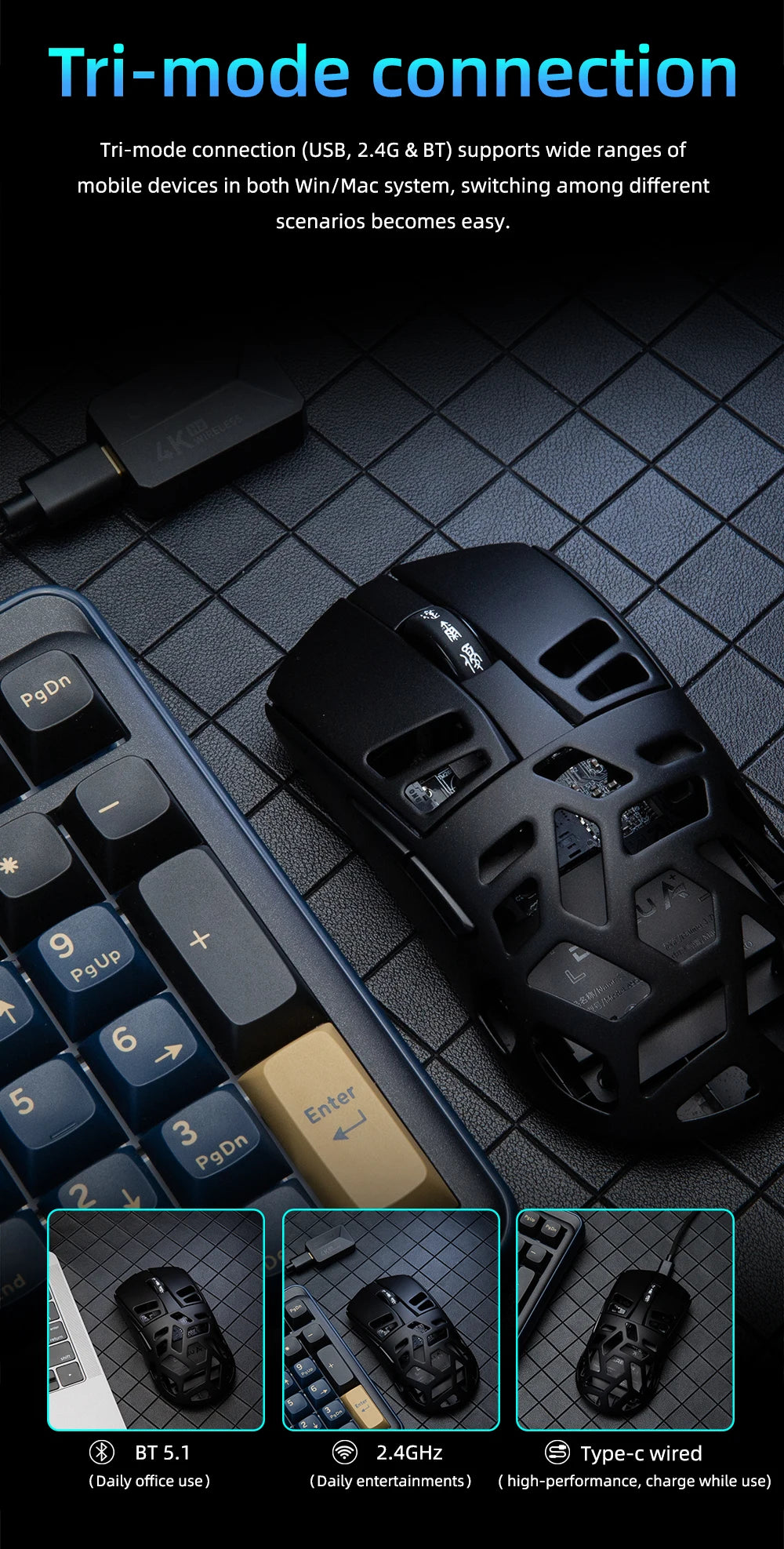Ratón gaming inalámbrico DAREU Al-mg trimodo 8Khz PBT con carga rápida, PAW3950, 30000 DPI, ligero, para PC gamer