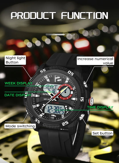 SANDA Fashion Luxury Men's Watches Dual Digital Display Sport Analog Quartz Man Wristwatch Casual Waterproof Silica Chronograph