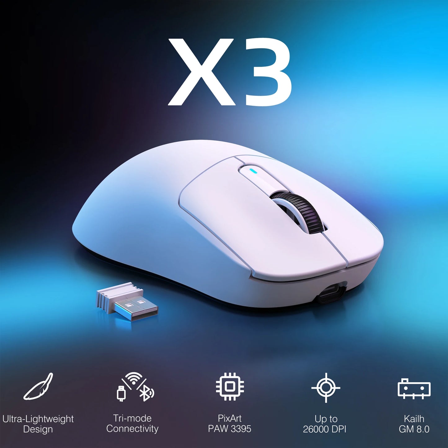 ATTACK SHARK X3 vezeték nélküli gaming egér, 49g ergonomikus PC egér, három üzemmód, PAW3395 26K DPI optikai érzékelő, programozható gombok