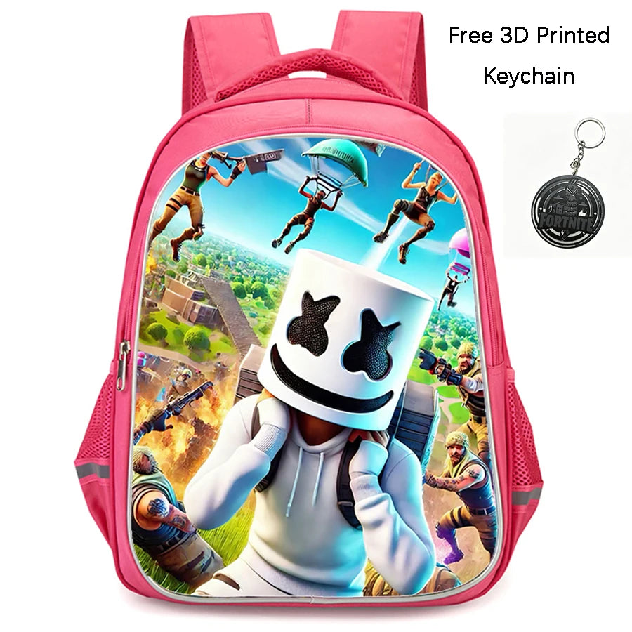 FORTNITE 16-inch Durable Lightweight Backpack, Dual Zipper Pockets, Cartoon Style for Boys & Girls Ages 6-10, Free 3D Printed Keychain