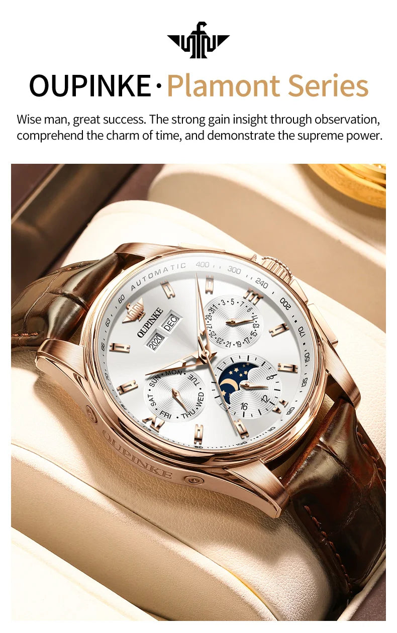 OUPINKE 3189 Classic Men's Watch Leather Strap Waterproof Moon phase Top Brand Automatic Mechanical Men's Wristwatch