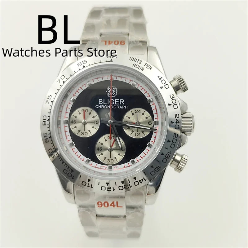 BLIGER 39mm VK63 Men's Quartz Chronograph Watch Ceramic Brown Insert Ice Blue Dial With C3 Luminous Sapphire Crystal Waterproof