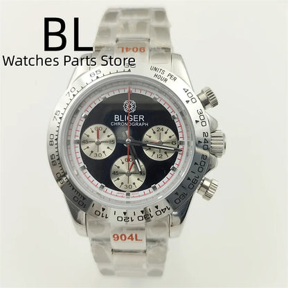 BLIGER 39mm VK63 Men's Quartz Chronograph Watch Ceramic Brown Insert Ice Blue Dial With C3 Luminous Sapphire Crystal Waterproof