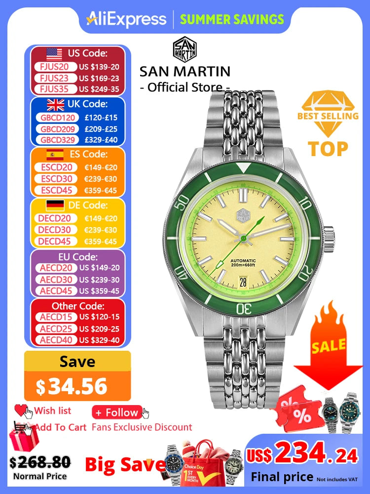 San Martin 39.5mm Summer Dive Watch Fashion Fun Fruit Series Men Sports Watches NH35 Automatic Mechanical 20 ATM SN0116 Reloj