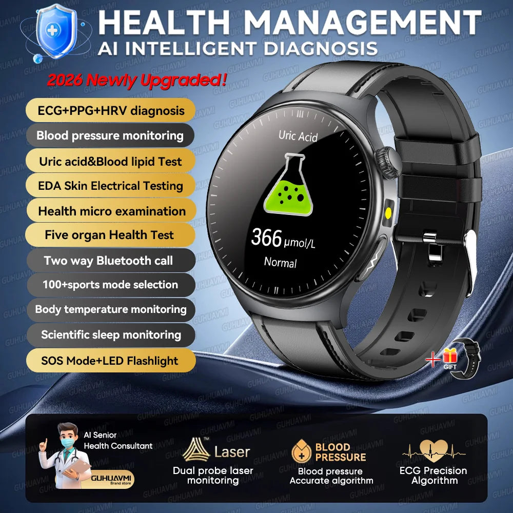 2026New AI-Diagnosis Care Smartwatch ECG+PPG Accurate Uric Acid Blood Pressure Body Fat Five organ Fitness Waterproof Smartwatch